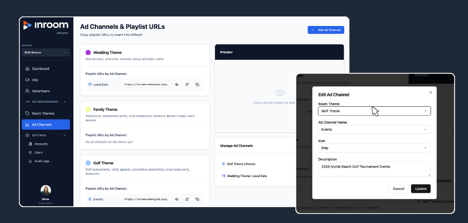 Customizable Ad Channels with InRoom Guest